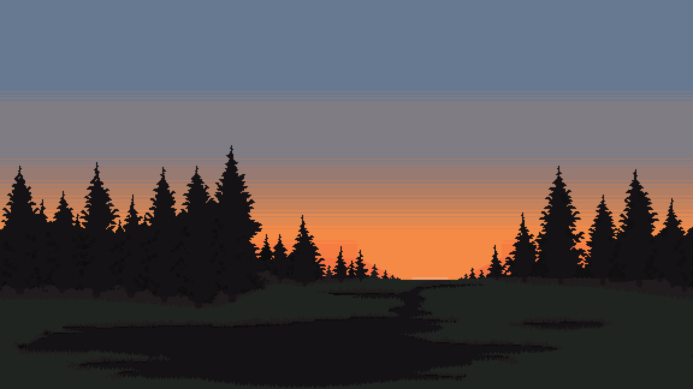 Pixel-art dusk forest hero artwork