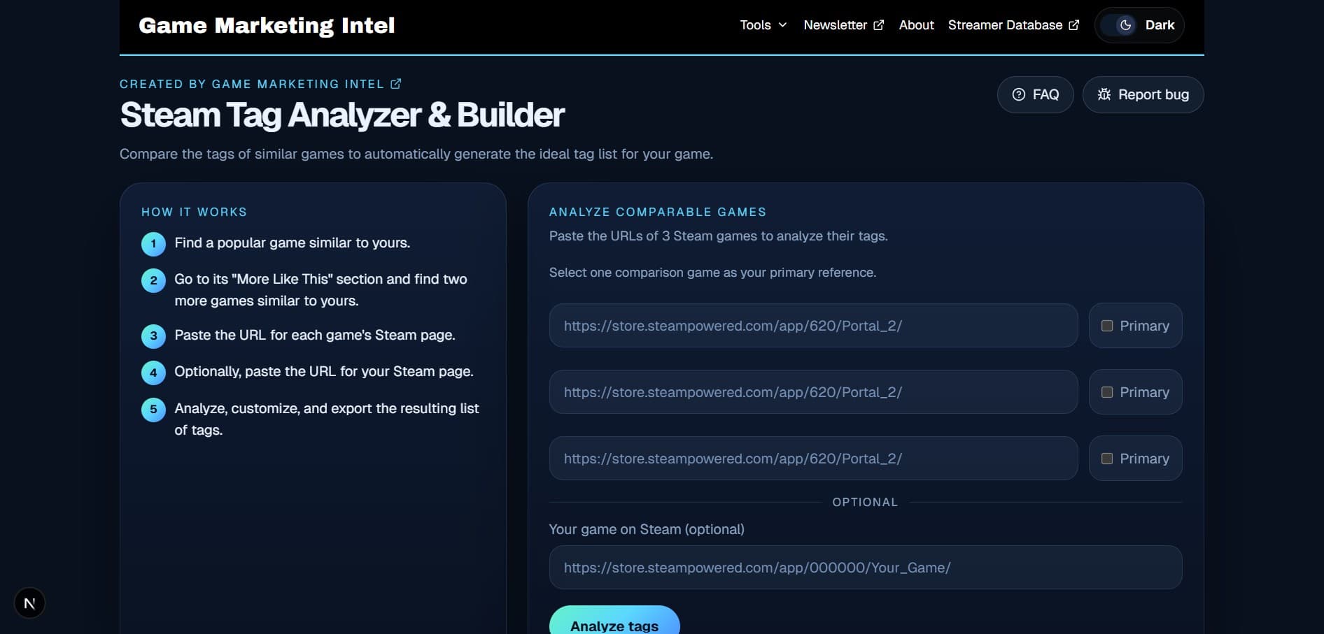 Steam Tag Analyzer homepage screenshot